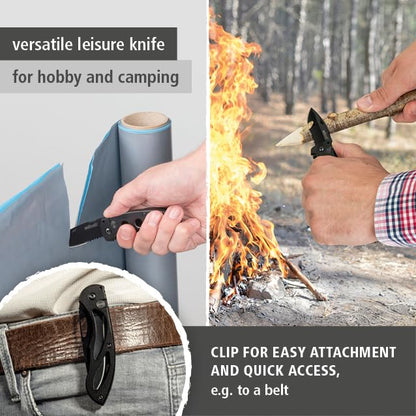 Wolfcraft Leisure Knife with Folding Blade I 4289000 I Versatile leisure knife for hobby and camping - 75 mm blade with serrated cutting edge