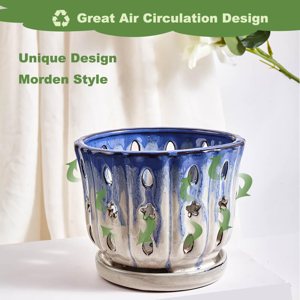 NiSevenLiving Orchid Pots with Holes Attached Saucers 6 Inches - 1 Pcs Small Ceramic Pots for Repotting, Decorative Ceramic Orchid Planter with Hole for Healthy Root Growth Blue Over White