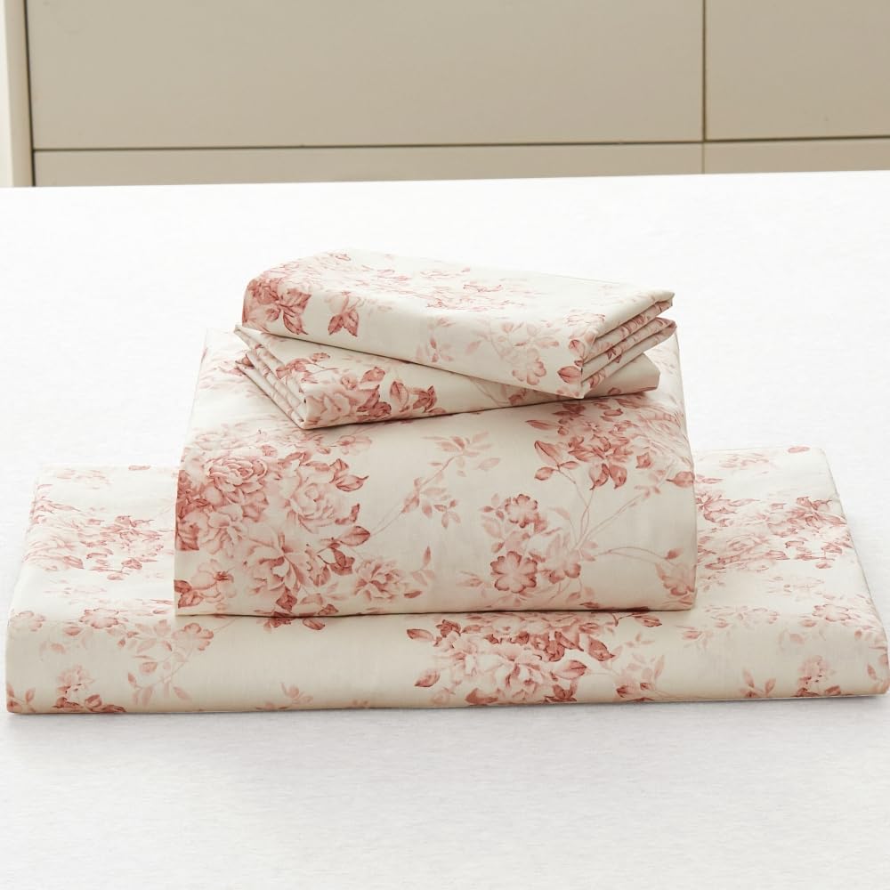 DAUAOTO 100% Cotton Bedding Printed Sheets Set for Queen Size Bed Up to 14" Deep Mattress, Toile Rose Floral Pattern Bedlinen Sets,Pale Red