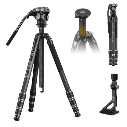 SPORTICH SP124+BX5 Optics Carbon Fiber Tripod with Fluid Pan Head, 62.2" Travel Tripod with Center Column, Binocular Adapter, for Binoculars, Spotting Scopes, Cameras, Max Load 26lbs