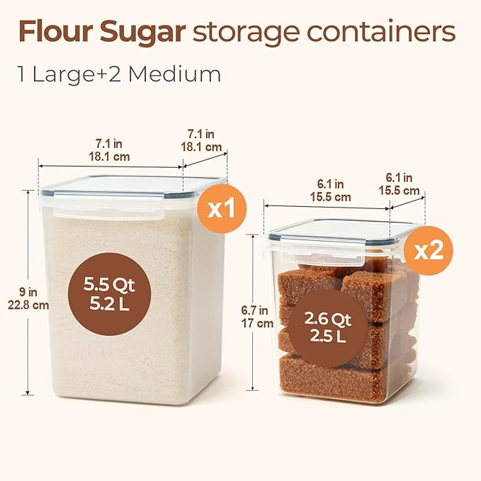 ComSaf Flour Sugar Storage Containers Set of 3, Large Airtight Food Storage