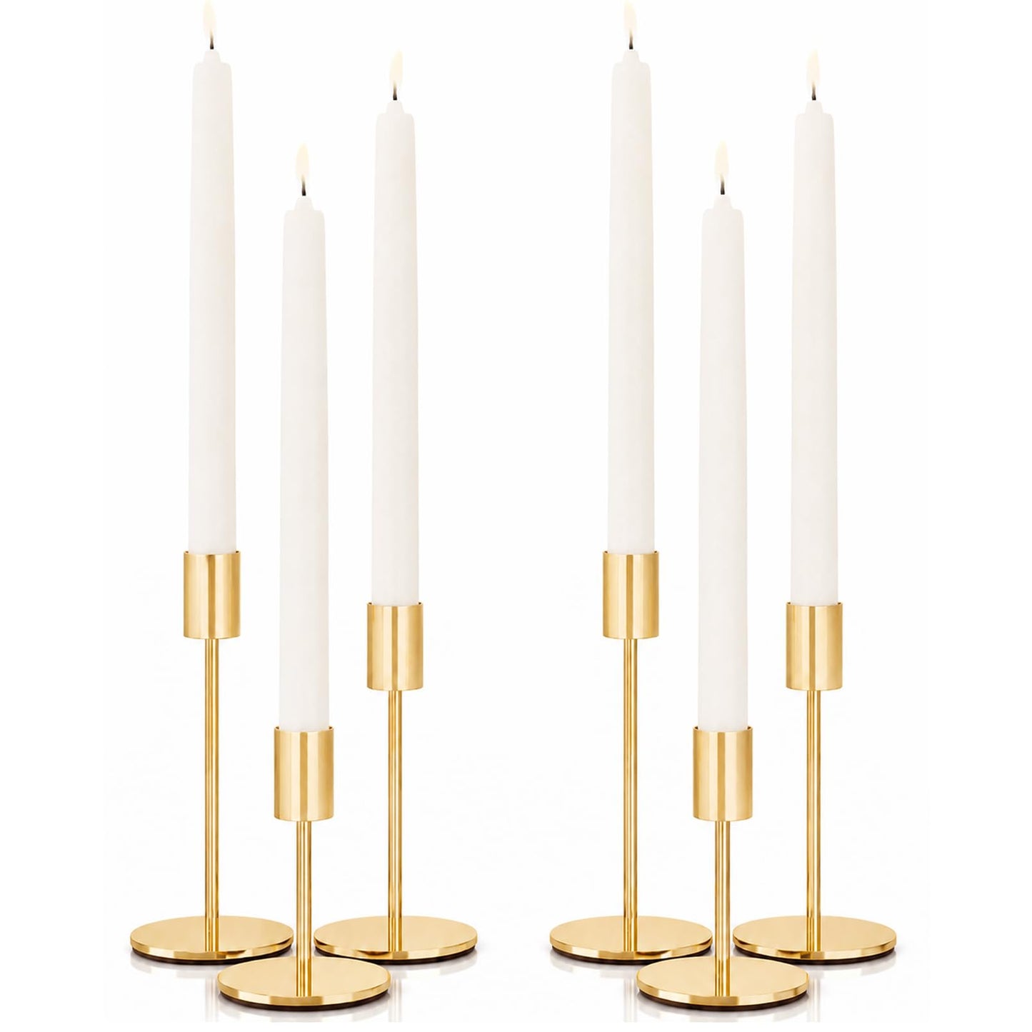 zeochyni French Gold Candlestick Holders Set of 6, Metal Taper Candle Holders in 3 Heights with Weighted Base for Dining Table Centerpiece, Wedding, Mantel Decor and Housewarming Gift