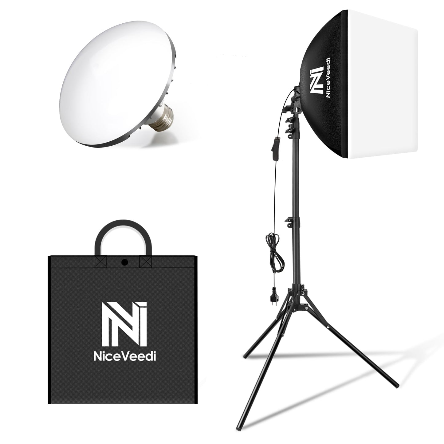 Softbox Lighting Kit, NiceVeedi 16'' x 16'' Softbox Photography Lighting Kit with 63” Tripod Stand & 5400K 450W Equivalent LED Bulb, Continuous Lighting for Photography/Video Record/Live Streaming