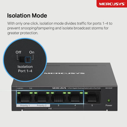 MERCUSYS MS105GP 5 Port Gigabit Network Switch, Ethernet Switch with 4-Port PoE+, 65W Total Budget , Metal Case, Desktop or Wall Mount, TP-Link Silent Operation, Power Saving, Plug & Play
