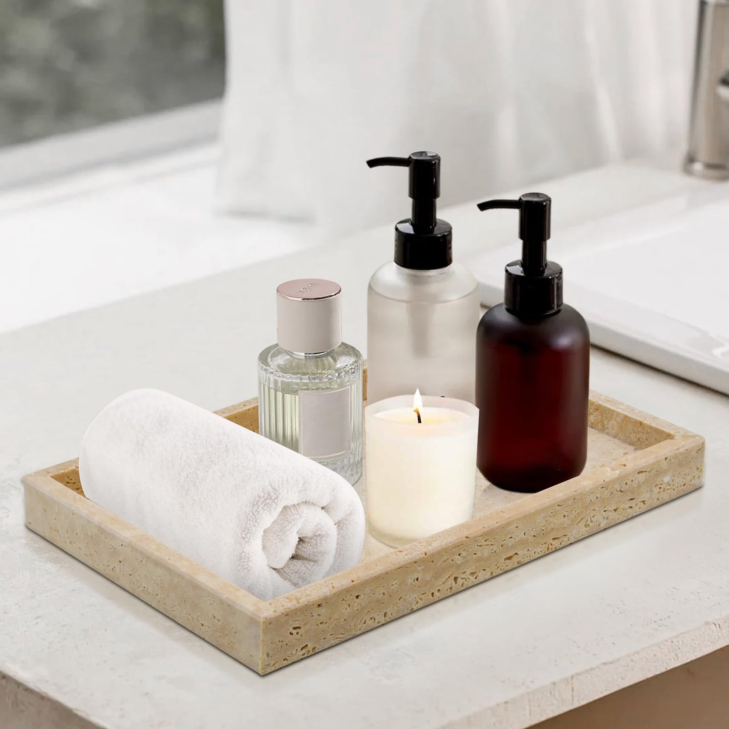 MULWR Travertine Tray,Bathroom Vanity Tray Non-Ceramic/Non-Resin,Marble Perfume Decorative Tray 12 x 8 inch (Travertine)