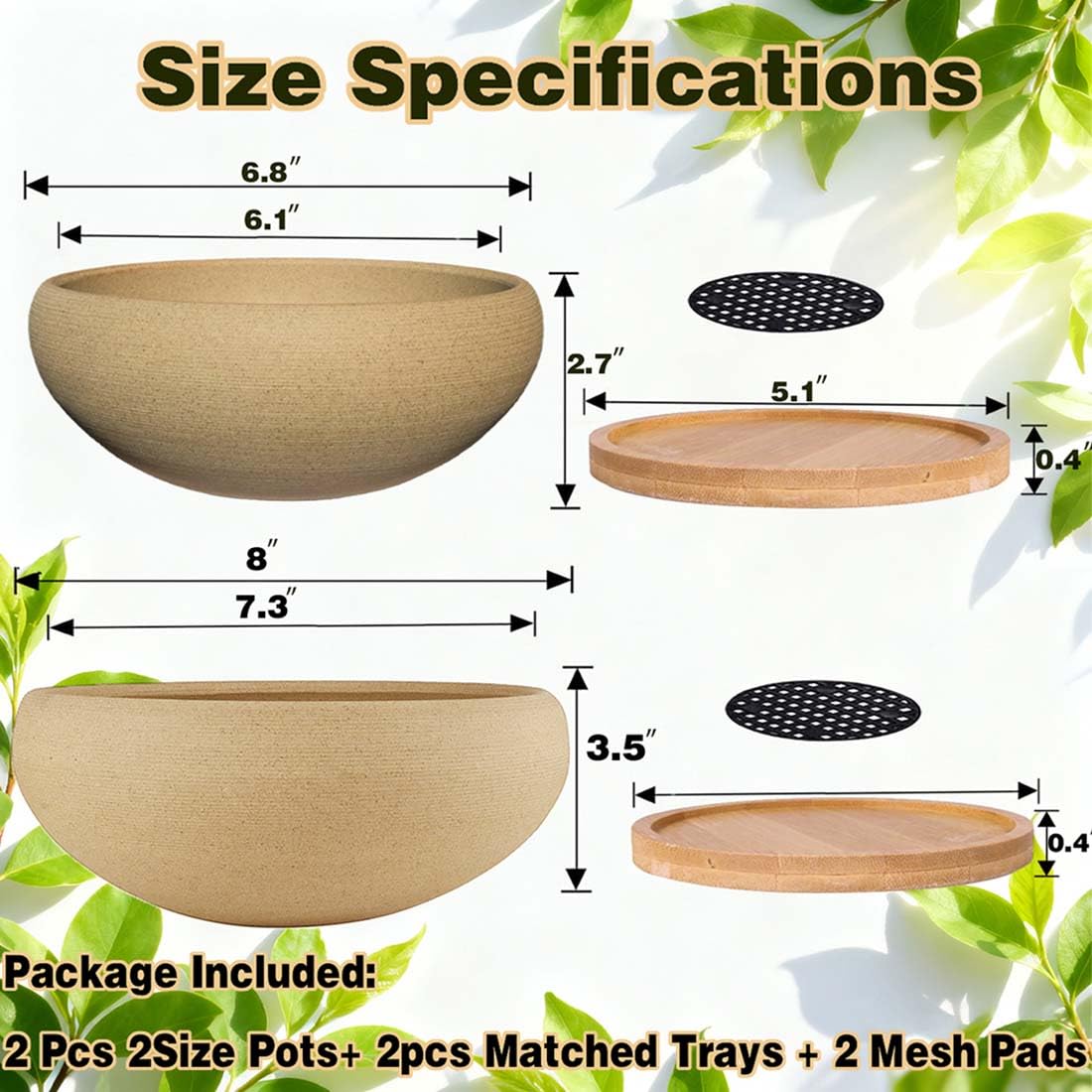 MUZHI 2 Pack Round Unglazed Ceramic Bonsai Pot with Bamboo Tray 8"+6.5", Large Rough Pottery Succulent Planter with Drainage Hole