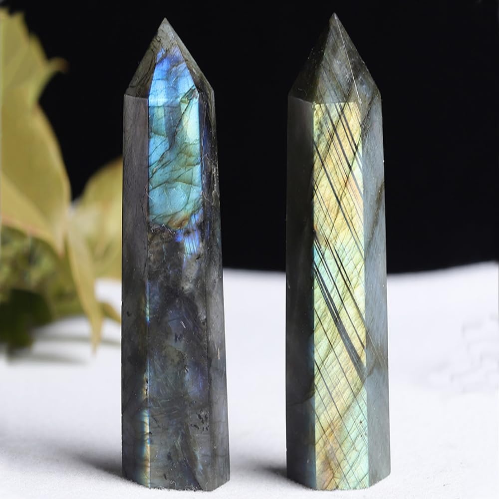 AierCrystal 2pcs Natural Crystal Point Wand Set,Hand-Finely Polished,Meditation Healing Purification,Full-Scenario Decoration Display for Home Office,Holiday Gifting(15cm Big Wand 2pcs Labradorite)