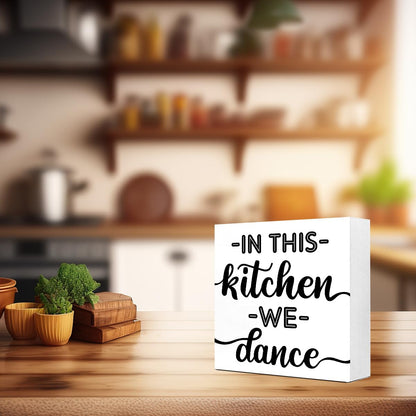LVQHI Joyful Wooden Block Sign With "In This Kitchen We Dance" Quote, Whimsical Kitchen Dance Sign, Home Dance Decor For Party Kitchen, Music Lover's Kitchen Decor 5"L x 5"W x 1.2"H V612
