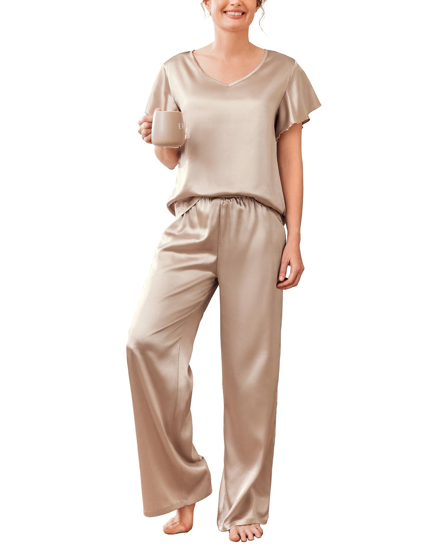 Ekouaer Women's Satin Silky Pajama Set 2 Piece Short Sleeve Shirt with Long Pants Pjs Sets Soft PJ Loungewear S-XXL