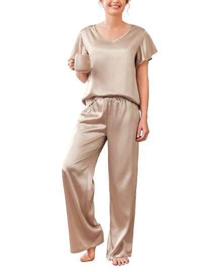 Ekouaer Women's Satin Silky Pajama Set 2 Piece Short Sleeve Shirt with Long Pants Pjs Sets Soft PJ Loungewear S-XXL