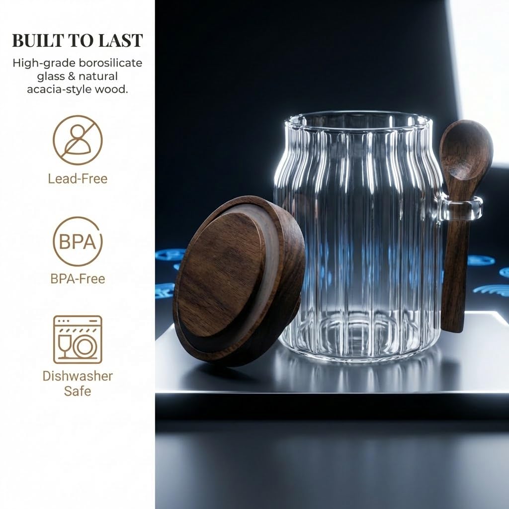 FUYIHGL® 3PCS Glass Storage Jars with Wooden Lids & Spoons – 20oz Airtight Canister Set with DIY Blank Labels – Decorative Small Containers for Coffee Bar, Bath Salts, Sugar, Spice & Overnight Oats