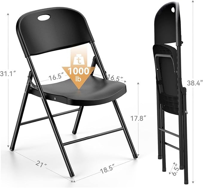 Nazhura 350 Weight Limit Heavy Duty Plastic Folding Chair with Reinfoced Steel Frame for Indoor and Outdoor, Wedding, Party, Restaurant, Meeting Room, Patio and Garden (Black, 8 Pack)