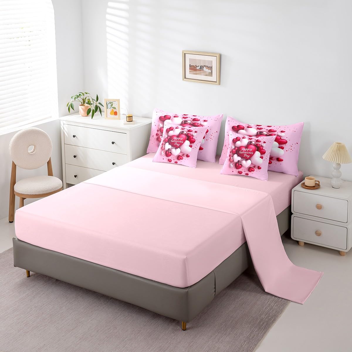 Erosebridal Happy Valentine's Day Bed in A Bag Romantic Love Balloon Comforter Set for Girls Teen Women,Pink Red Balloon 7 Piece Bedding Set Full Size,Soft Lightweight Pink Sheet Set with Comforter