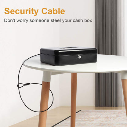 Jssmst Large Locking Cash Box with Money Tray, Lock Box with Security Cable Metal Money Box with Key Lock, Black, CB02304XL