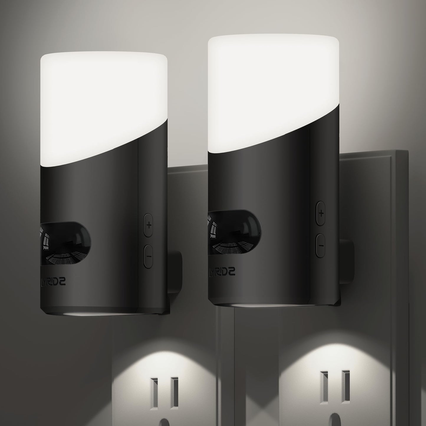 Lyridz LED Night Lights Plug into Wall with Motion Sensor, 1-150LM Dimmable Plug-in Nightlight Indoor for Bedroom, Bathroom, Hallway, Stairs, Pet House, Toilet, 2 Pack