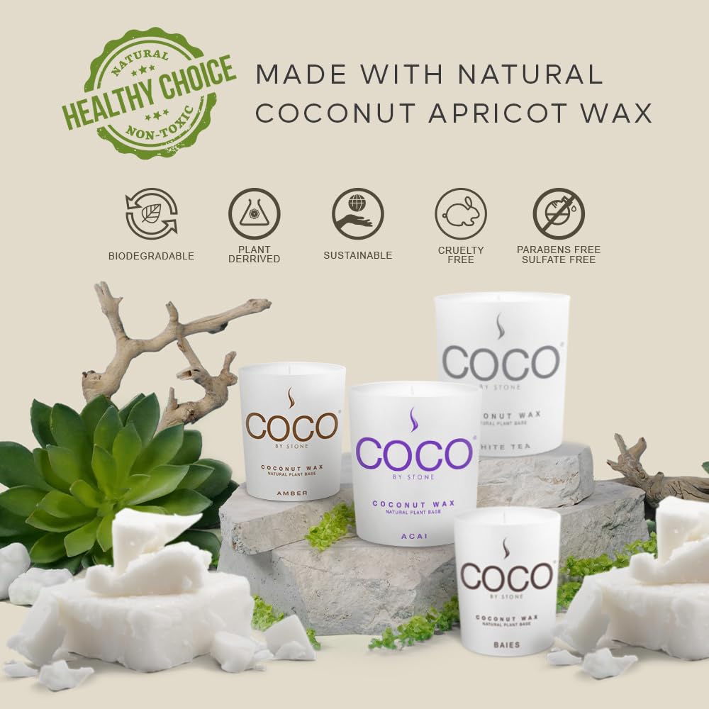 COCO by Stone 6.5oz Candle, Coconut Apricot Wax Candle for Home (White Tea), Home Fragrance Product, 1-Wick Candle, Enhances Indoor Aroma, Vegan & Cruelty-Free, Clean Burning, Hand-Poured