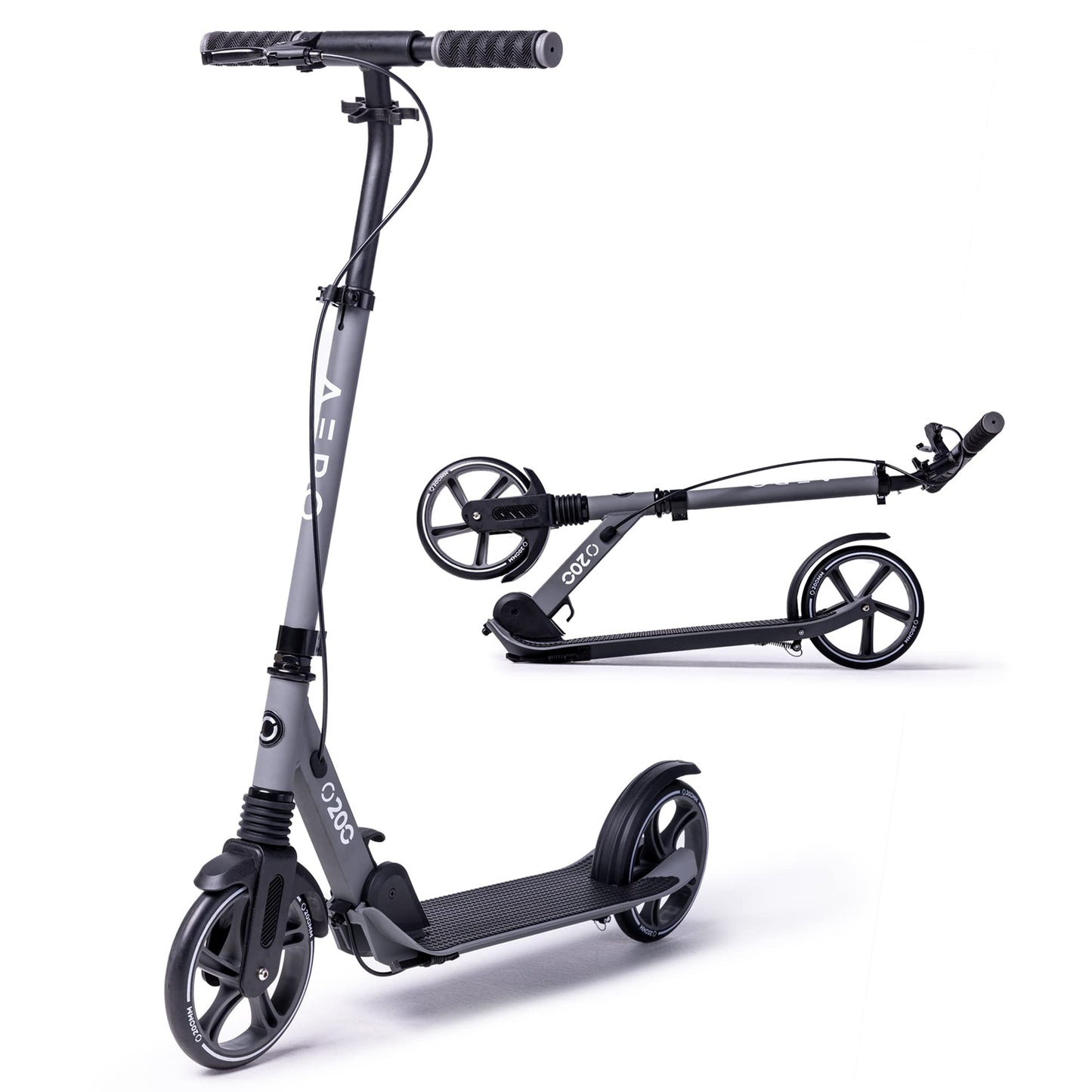 Aero Big Wheels Kick Scooter for Kids 8-12, Teens & Adults | Hand Brake, Rubber Deck Mat & Shock Absorption | Foldable & Height Adjustable, 220lbs Max