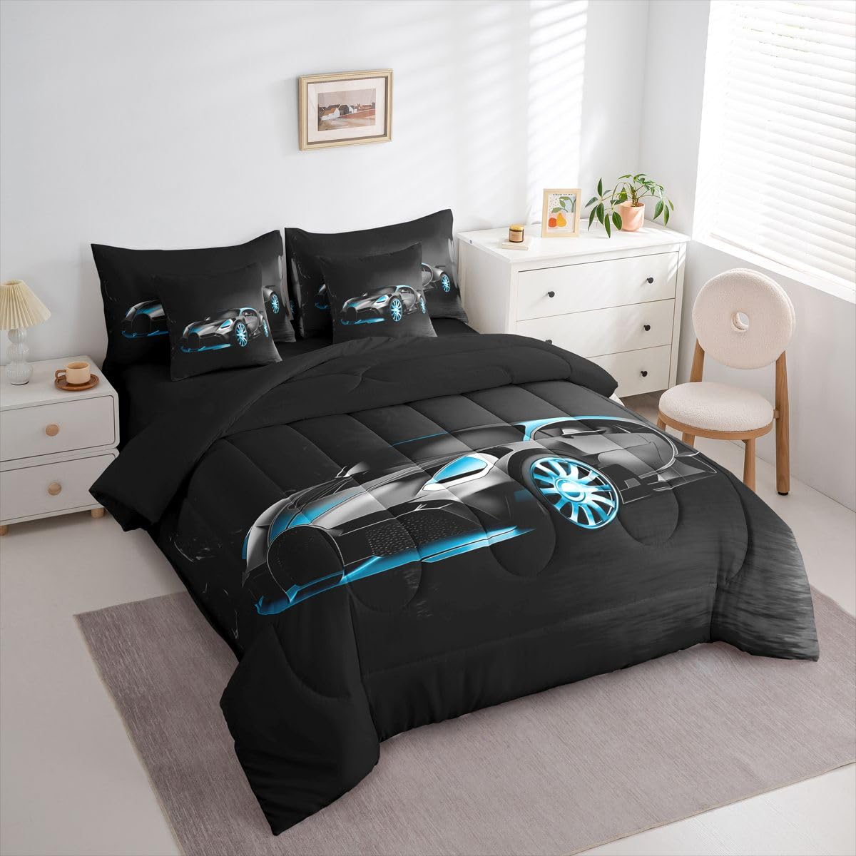 Sports Car 7 Piece Bedding Set Stylish Black Race Car Comforter Set with Sheets for Kids Boys Girls Extreme Sports Theme Bed in a Bag Cool Speed Luxury Car Decor Bed Set with 1 Pillowcase Twin