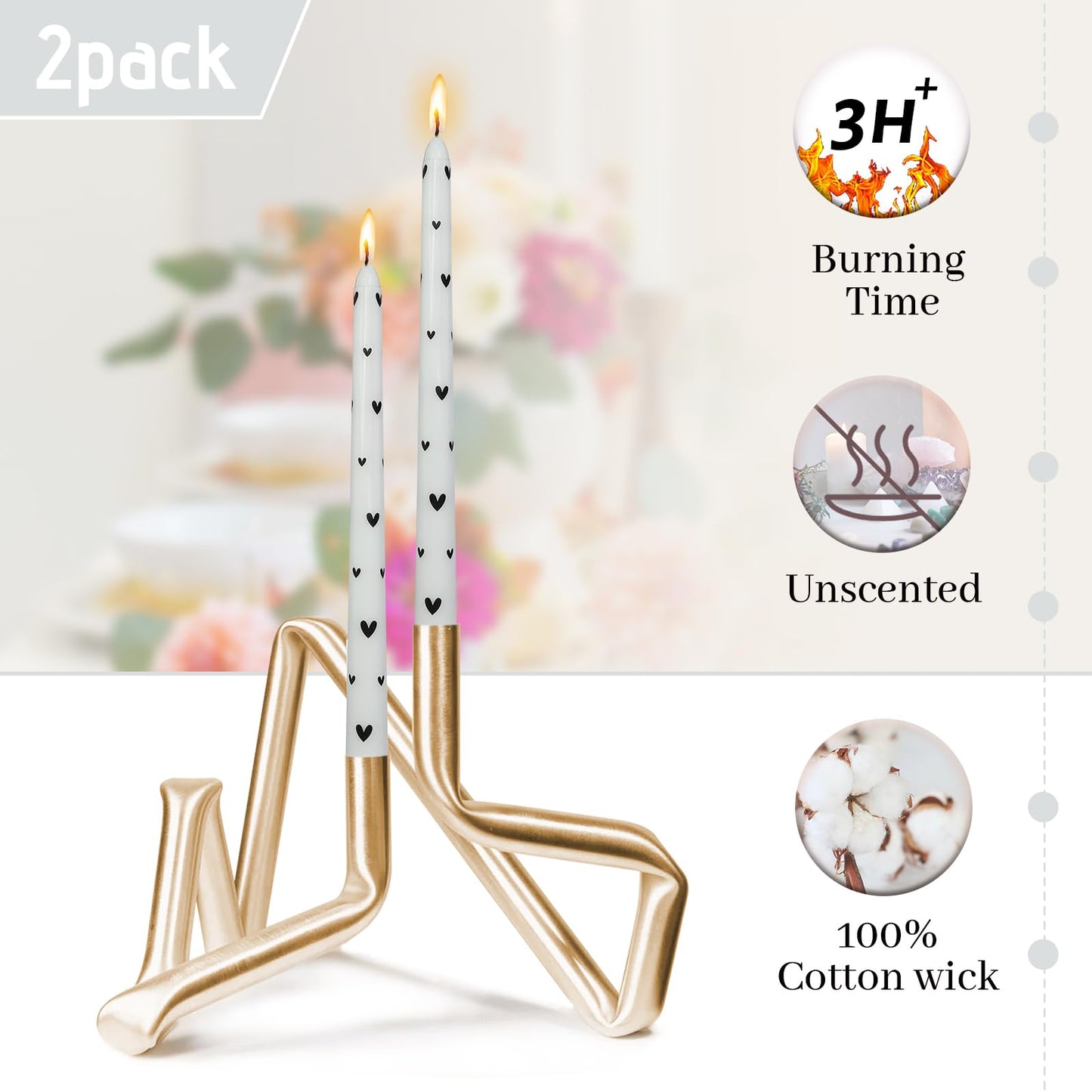 Baleagcdl White & Black Heart Taper Candles - 10 Inch Handmade Drip Candlesticks, Set of 2 for Wedding Home Holiday Decor Gifts