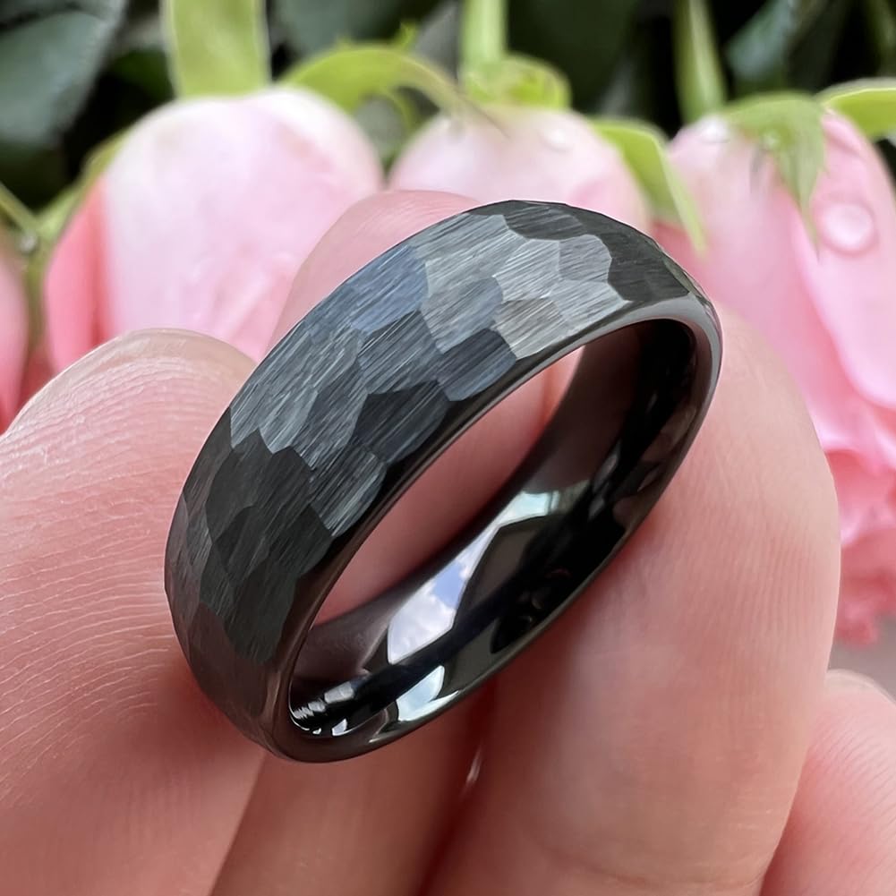 TUTISS 6mm Black Hammered Tungsten Rings for Men Women Fashion Engagement Wedding Bands Domed Matte Finish Comfort Fit Size 9