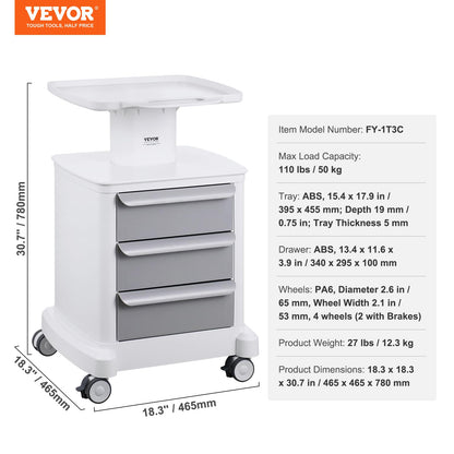 VEVOR 4 Tiers Lab Carts, Lab Utility Cart with 3 Drawers & 1 Top Tray, Mobile Medical Cart with ABS Material, Lab Rolling Cart with 4 Silent Wheels for Lab, Clinic, Hospital, Salon, White