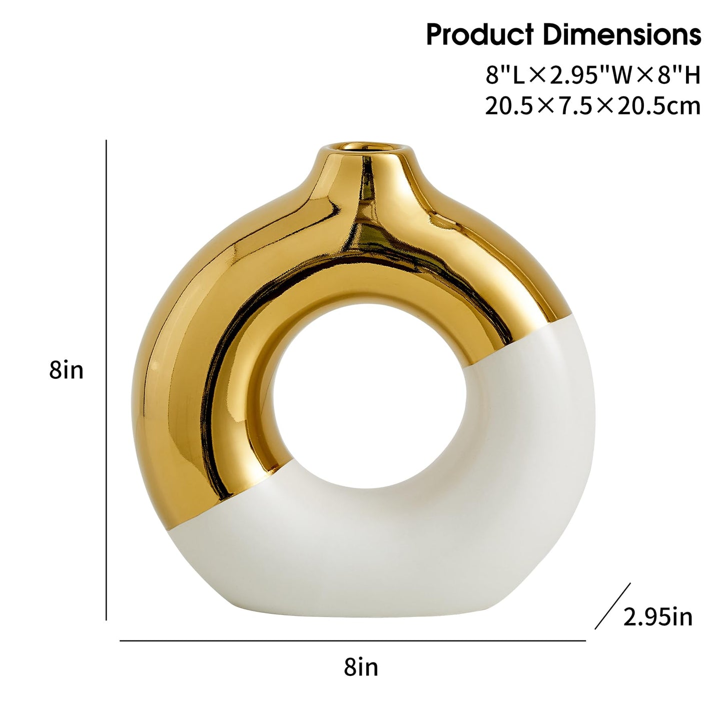 FJS Ceramic Donut Vase, 8" L x 8" H White and Gold Round Vase for Pampas Grass, Nordic Modern Vases for Decor, Ceramic Vase Centerpieces for Wedding, Bedroom, Living Room, Coffee Table, Office