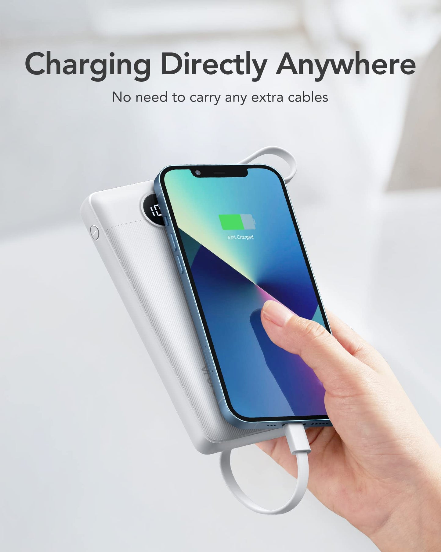 VRURC Portable Charger with Built in Cables, Slim Power Bank 10000mAh, USB C Battery Pack Travel Essential, 5 Outputs 2 Inputs Phone Charging Bank for iPhone 16 15 14 13,Samsung,Android-Black(1 Pack)