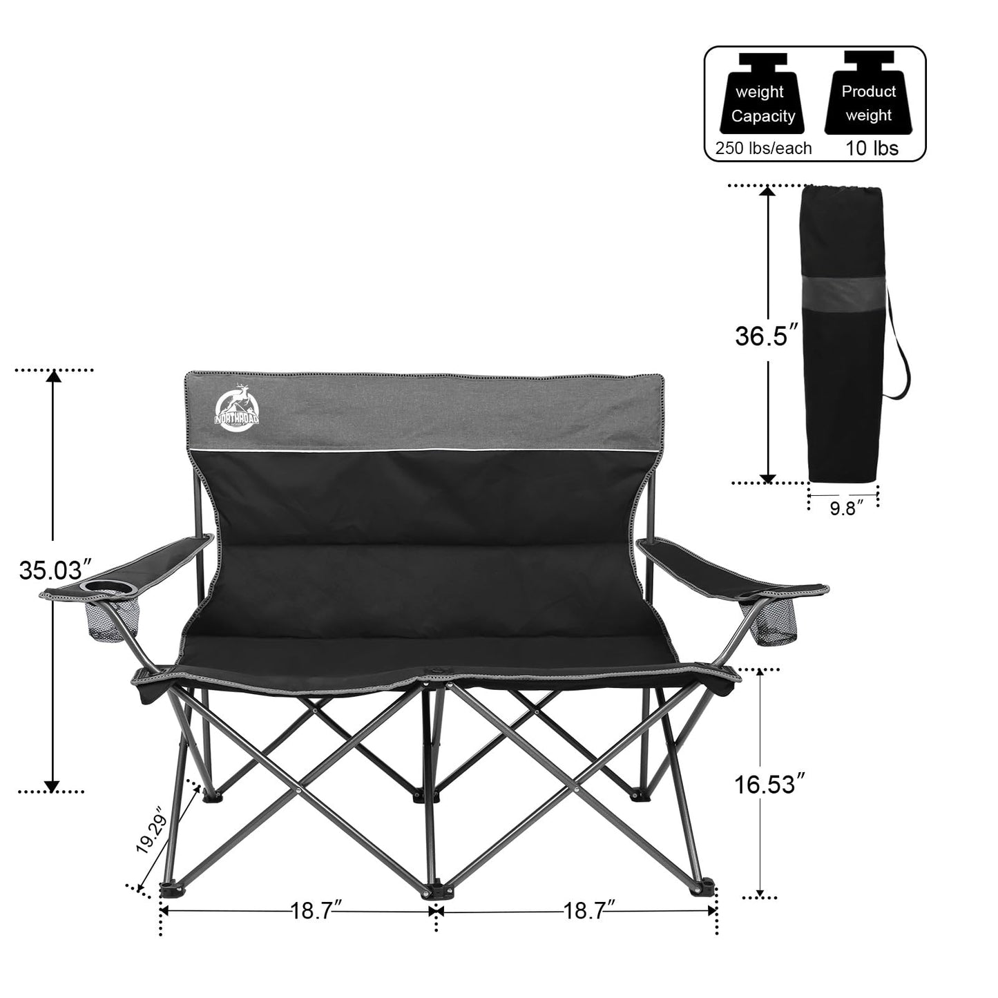 Northroad Outdoor Camping Chair Set of 3,Folding Padded Camp Chair w/1 Sofa,2 Single Chairs,Collapsible Conversation Set for Family Patio, Beach (Black)