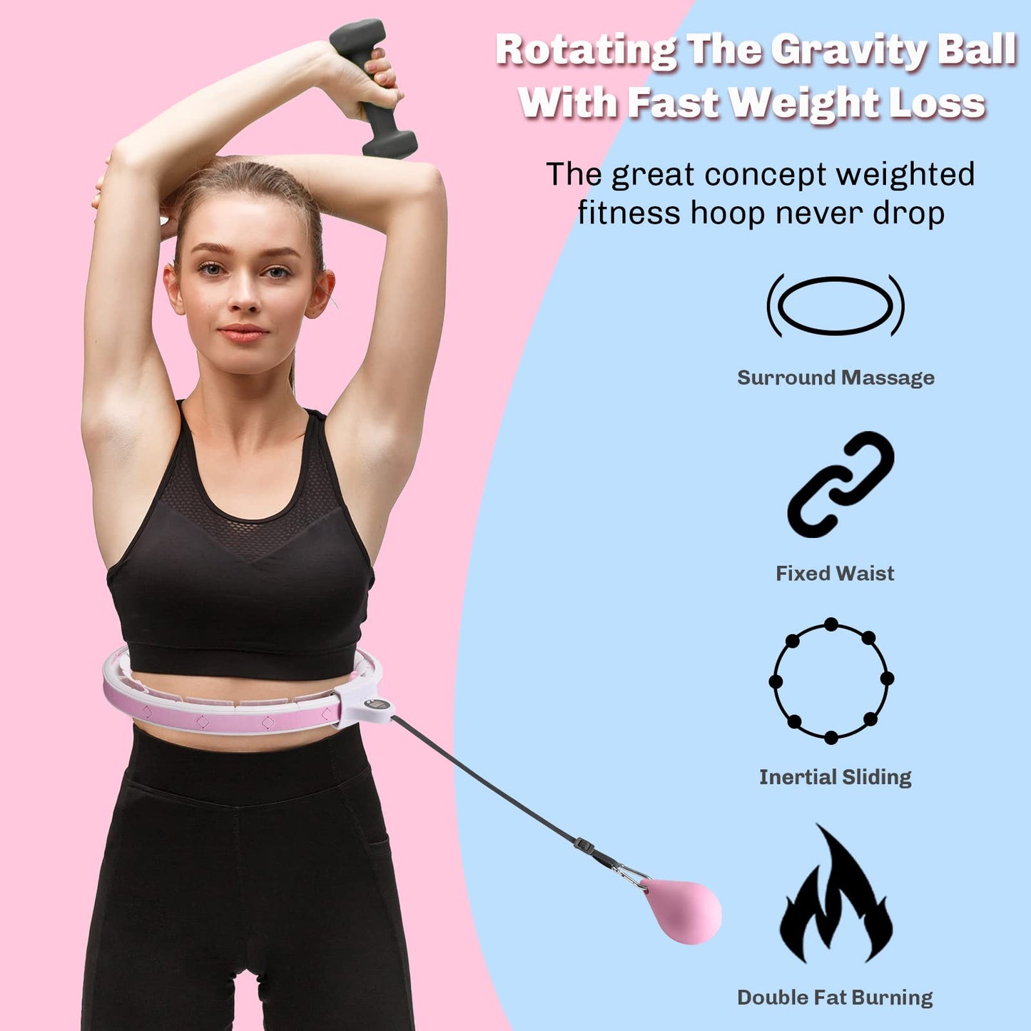 SURSPORT Smart Weighted Fitness Hoop, 3-in-1 Quick Weight Loss Fitness Massage Adjustable Weighted Hoops for Kids and Adults with Easy Detachable Knots, Gravity Ball