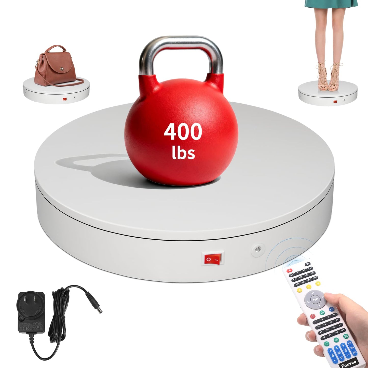 Foxvee Remote-Controlled Motorized Electric Turntable,Rotating Display Stand,Speed-Adjustable Rotating Platform,Multi-Mode 360° Photography Turntable for 3D Scan,Photography,Showcase(15.8inch/White)