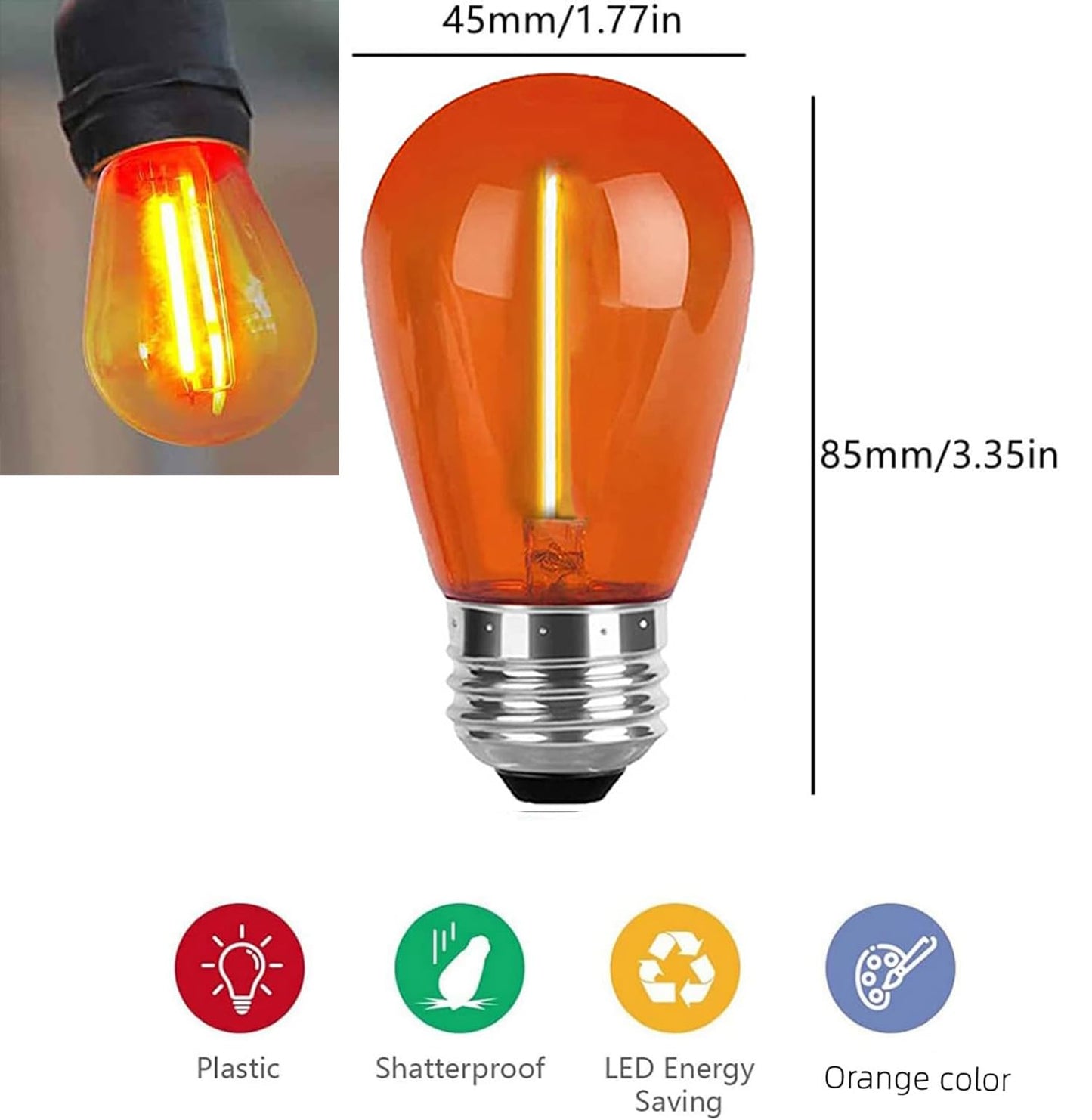 Minsily 15 Pack S14 LED Light Bulb Orange Christmas Replacement Bulbs 1W S14 Led String Light Plastic Shatterproof Edison Bulb E26 Base Decorative Bulb for Outdoor Home Patio Halloween Christmas Decor