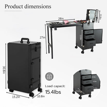 Gdsshuhung Portable Nail Desk with LED Mirror, Heavy Duty Foldable Manicure Table with 3 Drawers, Rolling Makeup Train Case Cosmetology Trolley on Wheels, Mobile Nail Tech Workstation (Black)