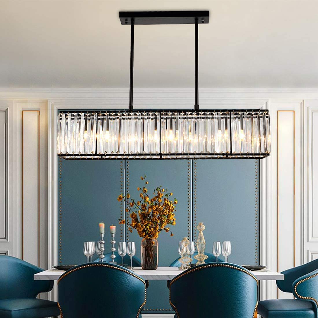 Siljoy Modern Rectangular Crystal Chandelier, 5 Lights Black Rectangle Raindrop Chandelier Lighting, Industrial Linear Pendant Ceiling Light Fixture for Dining Living Room Kitchen Island L33.5''