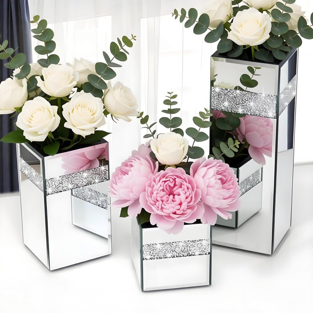 ALLARTONLY Crushed Diamond Mirrored Vase Pack of 3 Pieces Small Middle Large. Crystal Silver Mirror Glass Stunning Decorative Flower Vase Luxury for Home Decor. Can’t Hold Water.