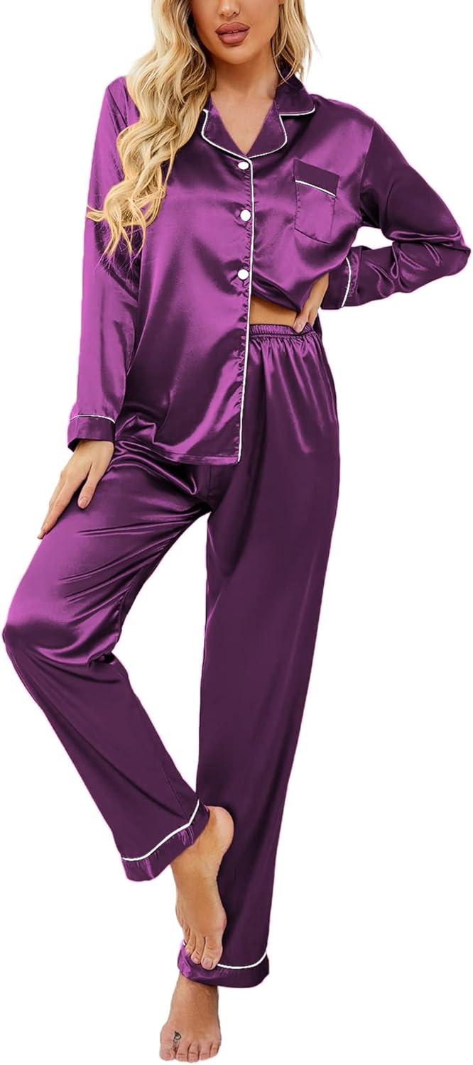 Ekouaer Women's Classic Button Down Long Satin Silk Pajama Set