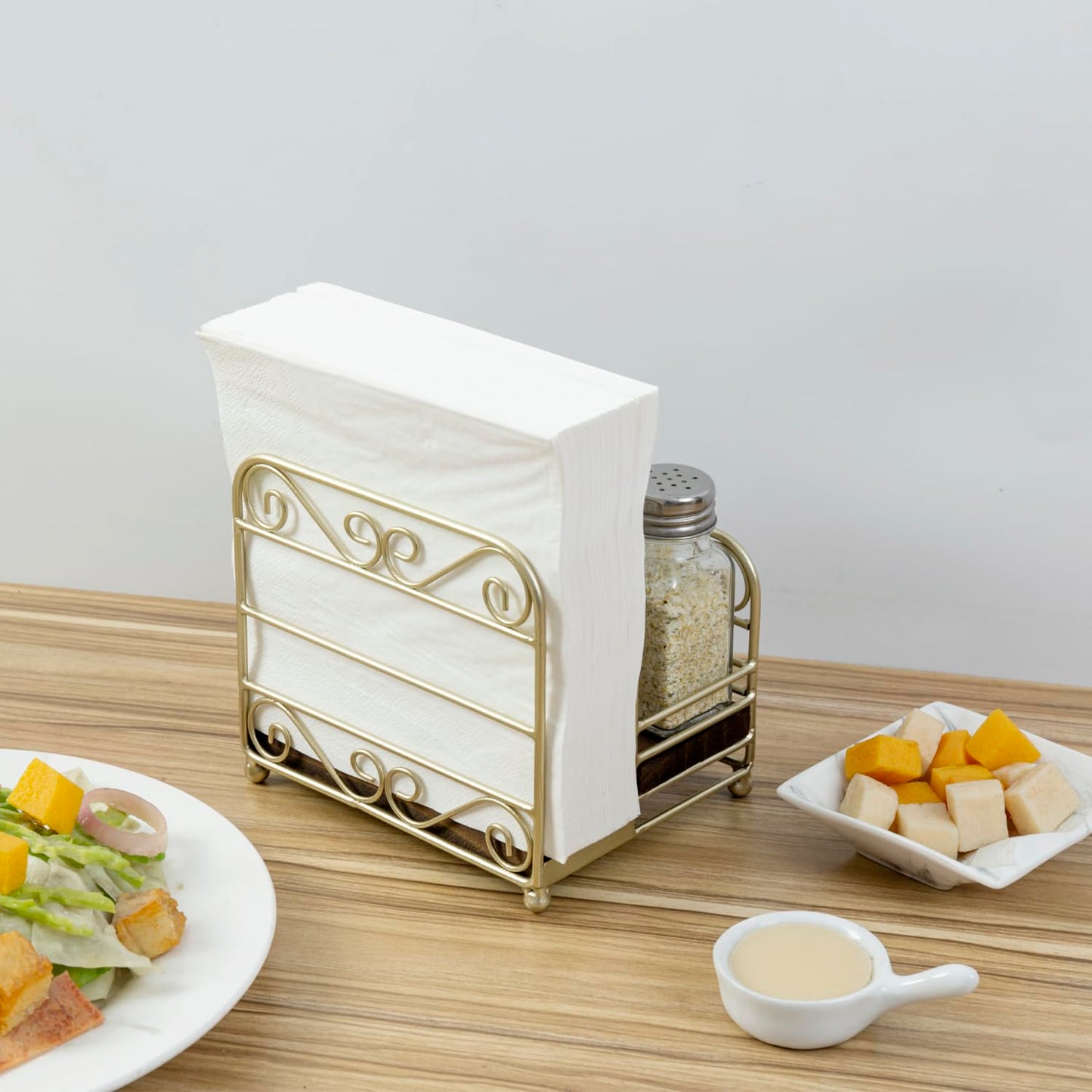 MyGift 2-in-1 Disposable Napkin and Salt & Pepper Caddy, Brass Tone Metal Vintage Scrollwork Dinner Table Paper Towel Condiment Holder with Rustic Burnt Solid Wood Base