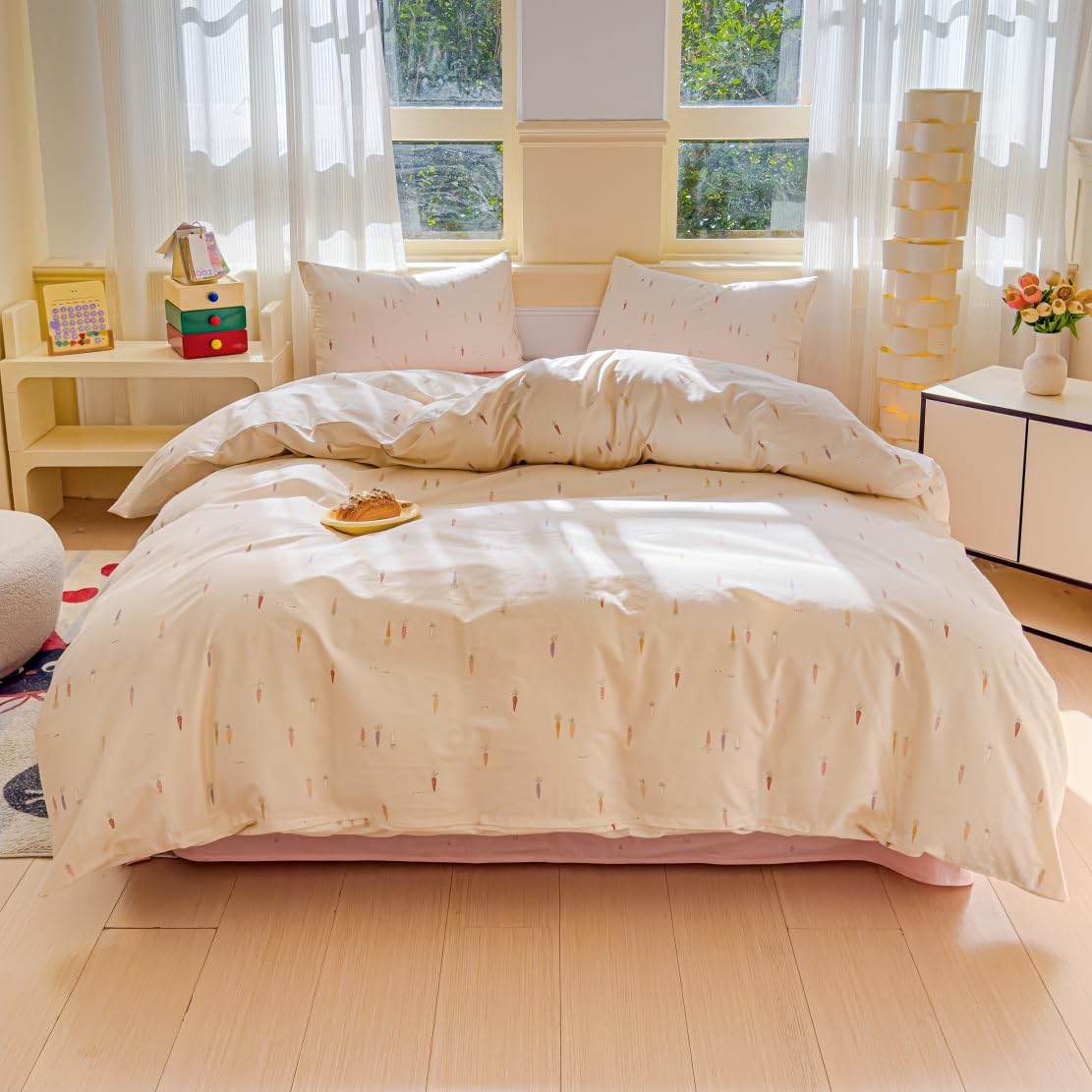 LIWHENHAO Duvet Cover Set Twin 100% Cotton Bedding Cartoon Cute Colorful Carrot Print on Cream White 1 Farmhouse Style Beige Comforter Cover Zipper Closure 2 Pillowcases for Kids Girls Boys