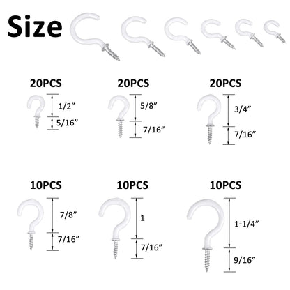Romeda 90 Pcs White Ceiling Hooks kit, 6 Sizes Vinyl Coated Screw-in Plant, Kitchen, Cup, Ceiling Hooks for Hanging (1/2in, 5/8in,3/4in,7/8in,1'',1-1/4in)
