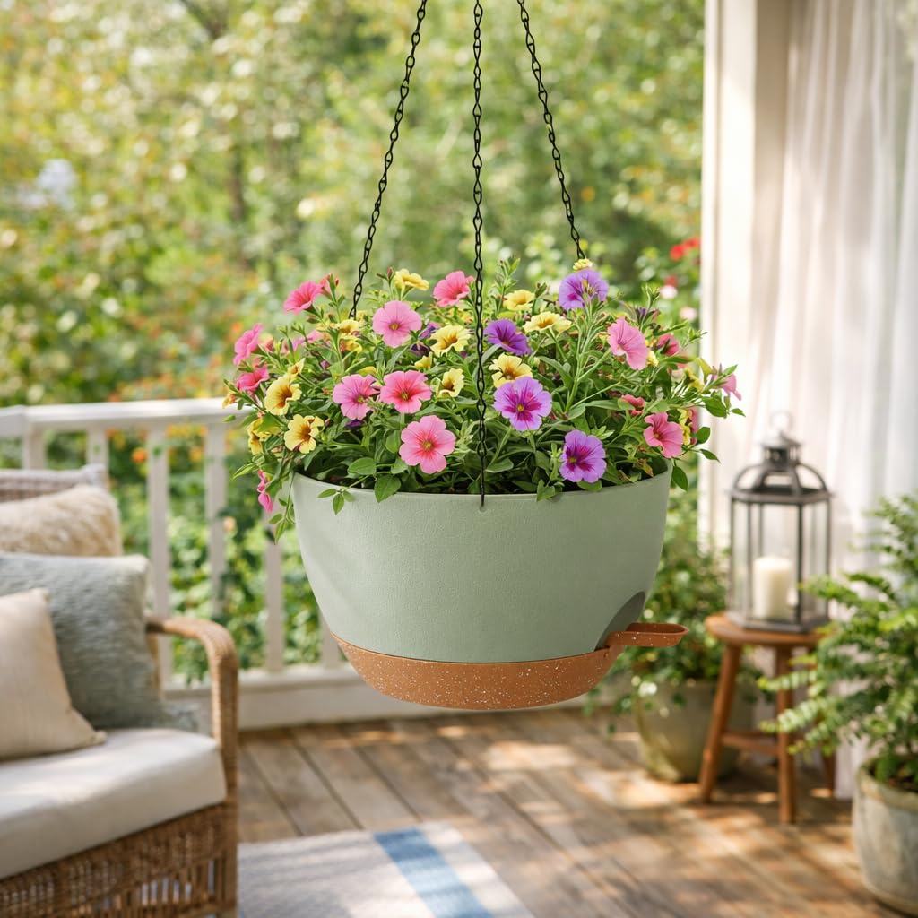 TYMENSH Hanging Plant Pots 12 inch Set of 2, Self Watering Hanging Planters with Drainage Holes, Indoor Outdoor Plastic Flower Pots with Hanging Chains for Balcony, Porch, Garden, Home Décor, Green