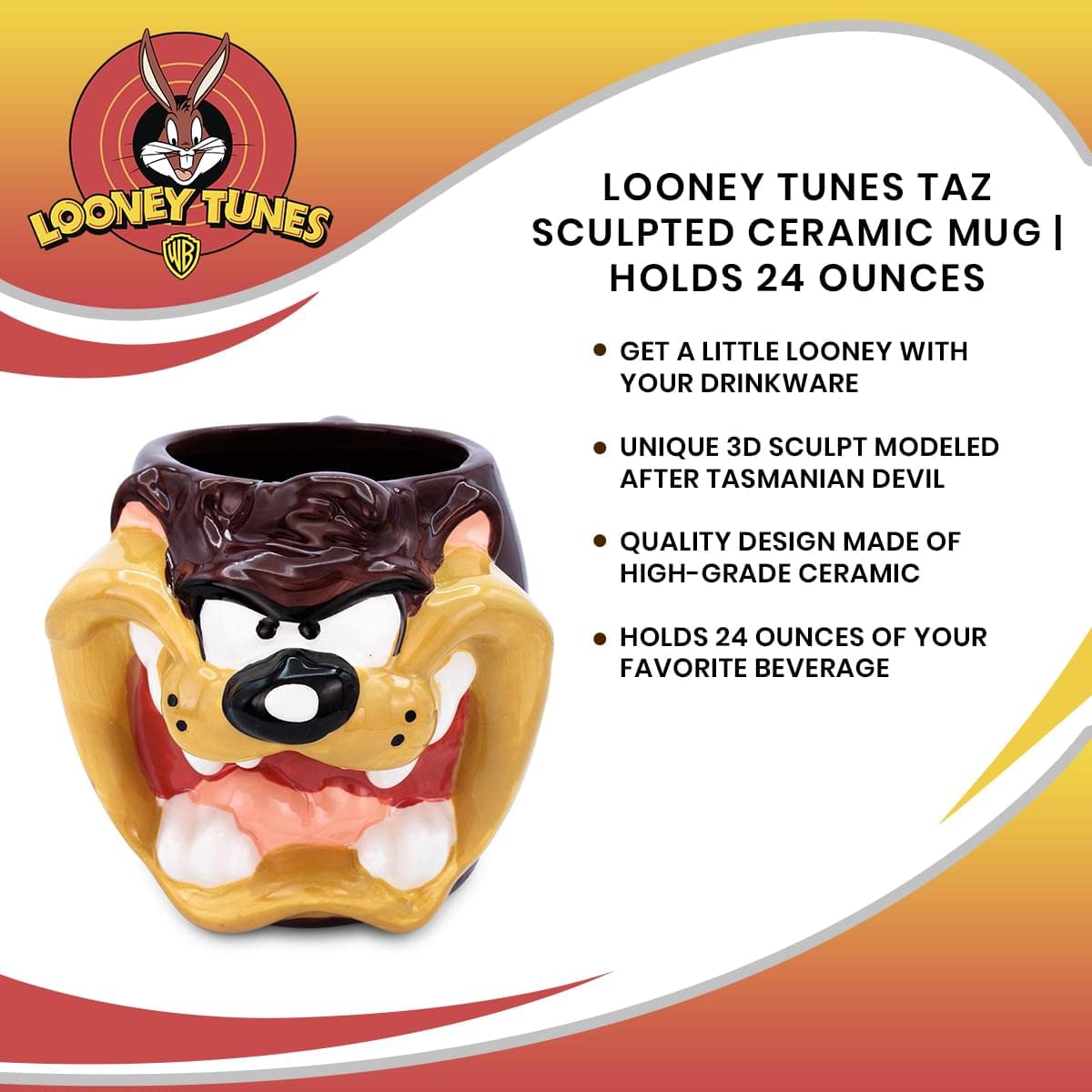 Silver Buffalo Looney Tunes Taz Face Ceramic 3D Sculpted Mug, 24-Ounces