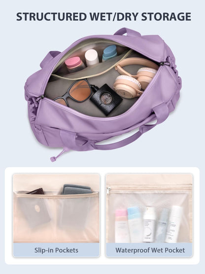Small Gym Bag for Women with Yoga Mat Holder and Wet Compartment, Mini Gym Duffle Bag Yoga Bag with Water Bottle Pocket for Workout Travel, Purple