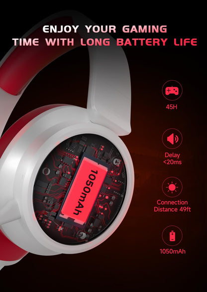 RYR Wireless Gaming Headset for Xbox Series X|S, Xbox One, PS5, PS4, Mac, Bluetooth 5.3, 3D Surround Sound, Rotatable Earmuffs, Gaming Headphones with Noise Canceling Microphones, White-Red