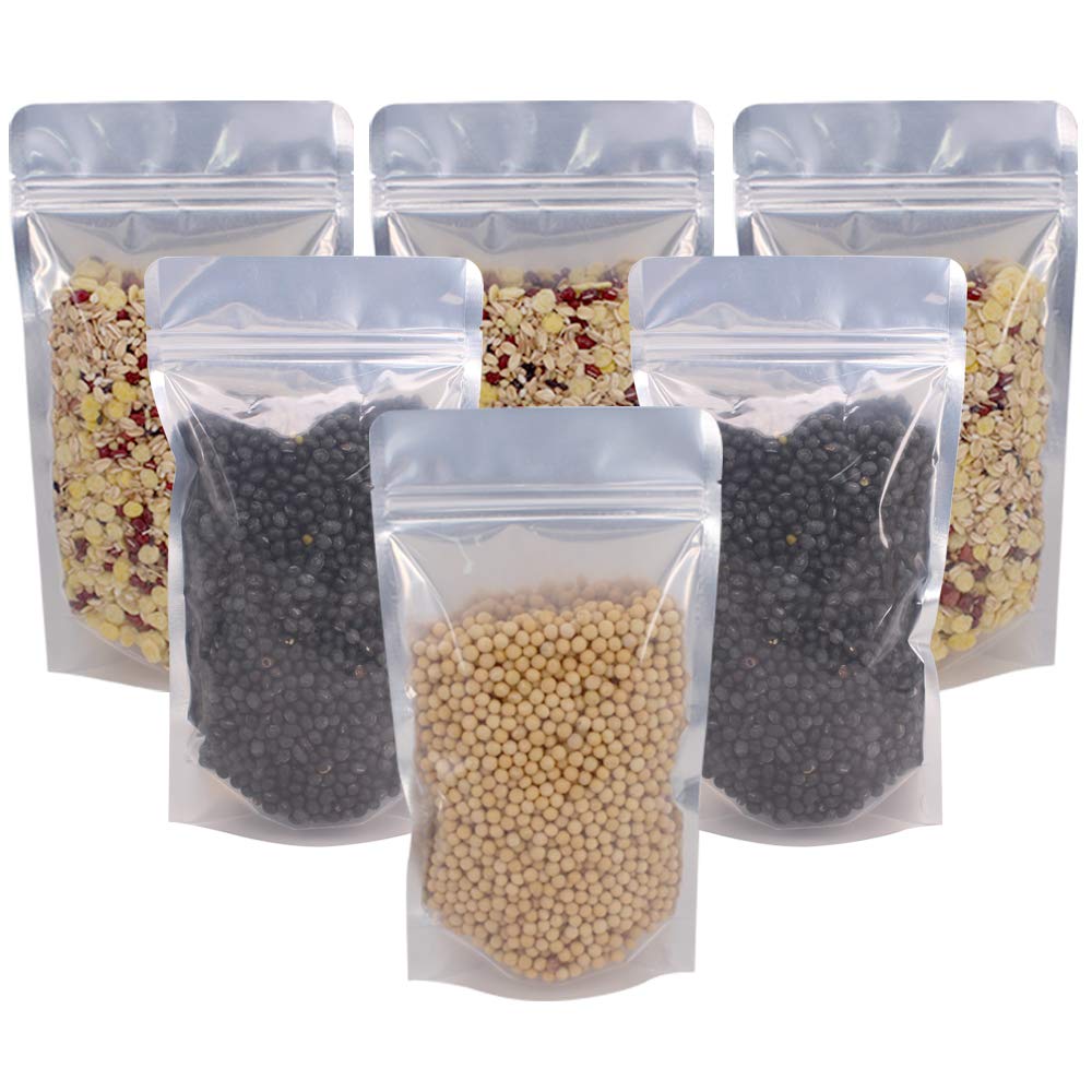 100 Pack 5.5 x 10 Inch Stand Up Pouch Bags Zipper Mylar Bags Clear Front with Aluminum Foil Back Reusable Food Storage Bag for Multipurpose with Gusset Bottom(5.5mil Thickness)