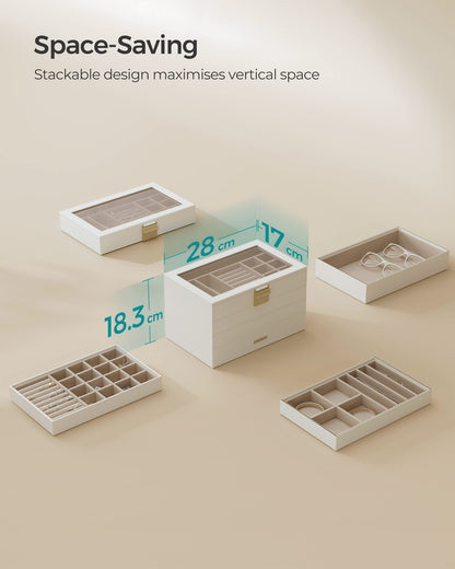 SONGMICS Stackable Jewellery Trays, 4-Tier Jewellery Box, Large Jewellery Case, Clear Glass Lid, 17 x 28 x 18.3 cm, for Dressing Table, Gift Idea, Cloud White JBC164W01
