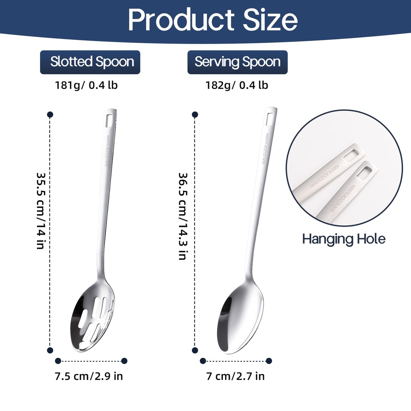 MAXCOOK 18/8 Stainless Steel Cooking Spoons Set - 2-Piece Solid Slotted Serving Spoon Cooking Utensils set for Pasta, Veggies, Salads (Dishwasher-Safe)