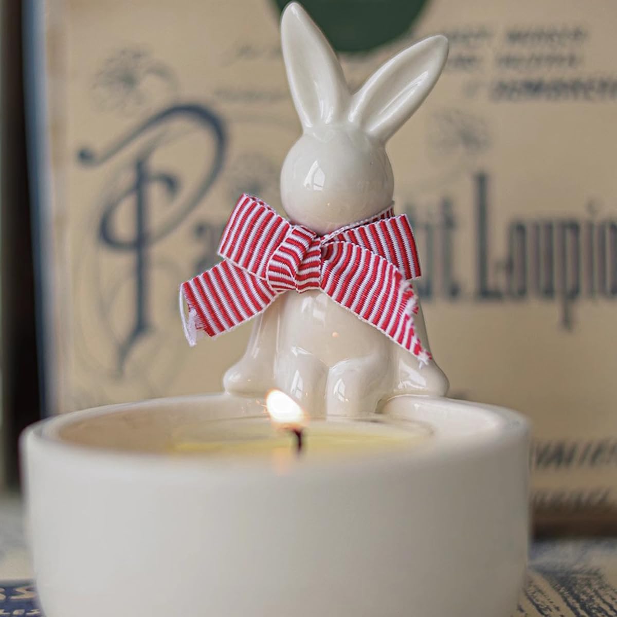 WARMCITY Handmade Animal Candle Holder, Lovely Kitten Canlestick Holder, Cartoon Figures Warming Its Paws Cute Light Holder for Candle Lovers- Candle NOT Included (Rabbit White)