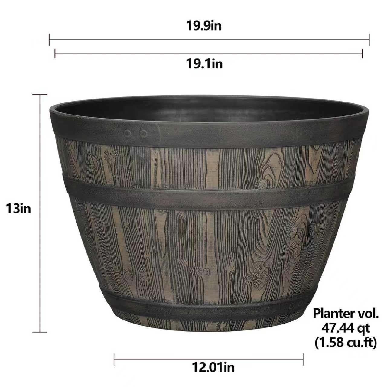 19.9 Inch Rustic Whiskey Barrel Planter - Durable Lightweight Plastic Plant Pot with Easy Knock-Out Drainage Holes, Indoor/Outdoor Barrel Planter for Outdoor Plants