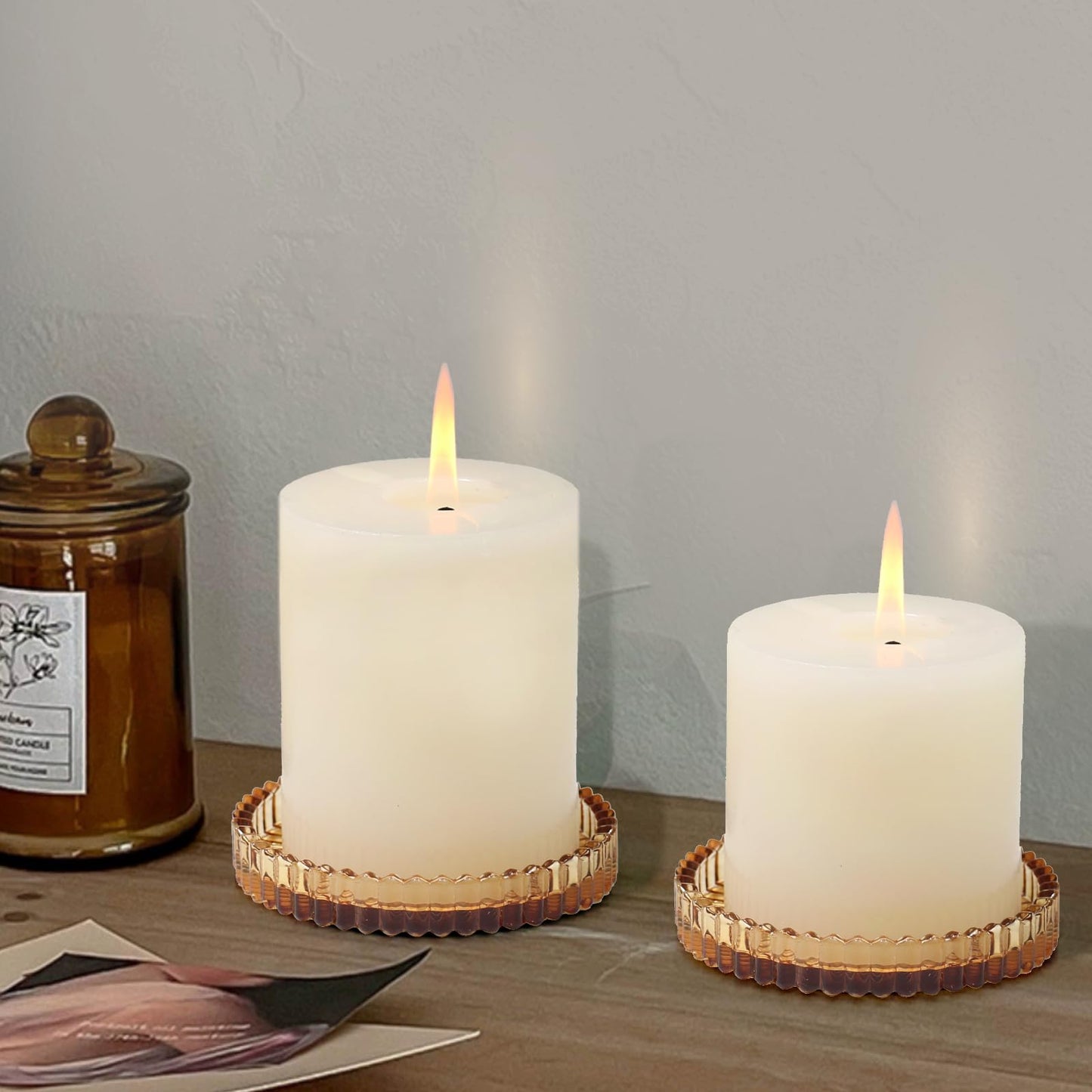 CHOCSTAY Glass Pillar Candle Holder, 4" Amber Candle Plates Set of 3, Glass Candle Holders for Wedding, Party, Holiday, Home Decor, Table Centerpiece