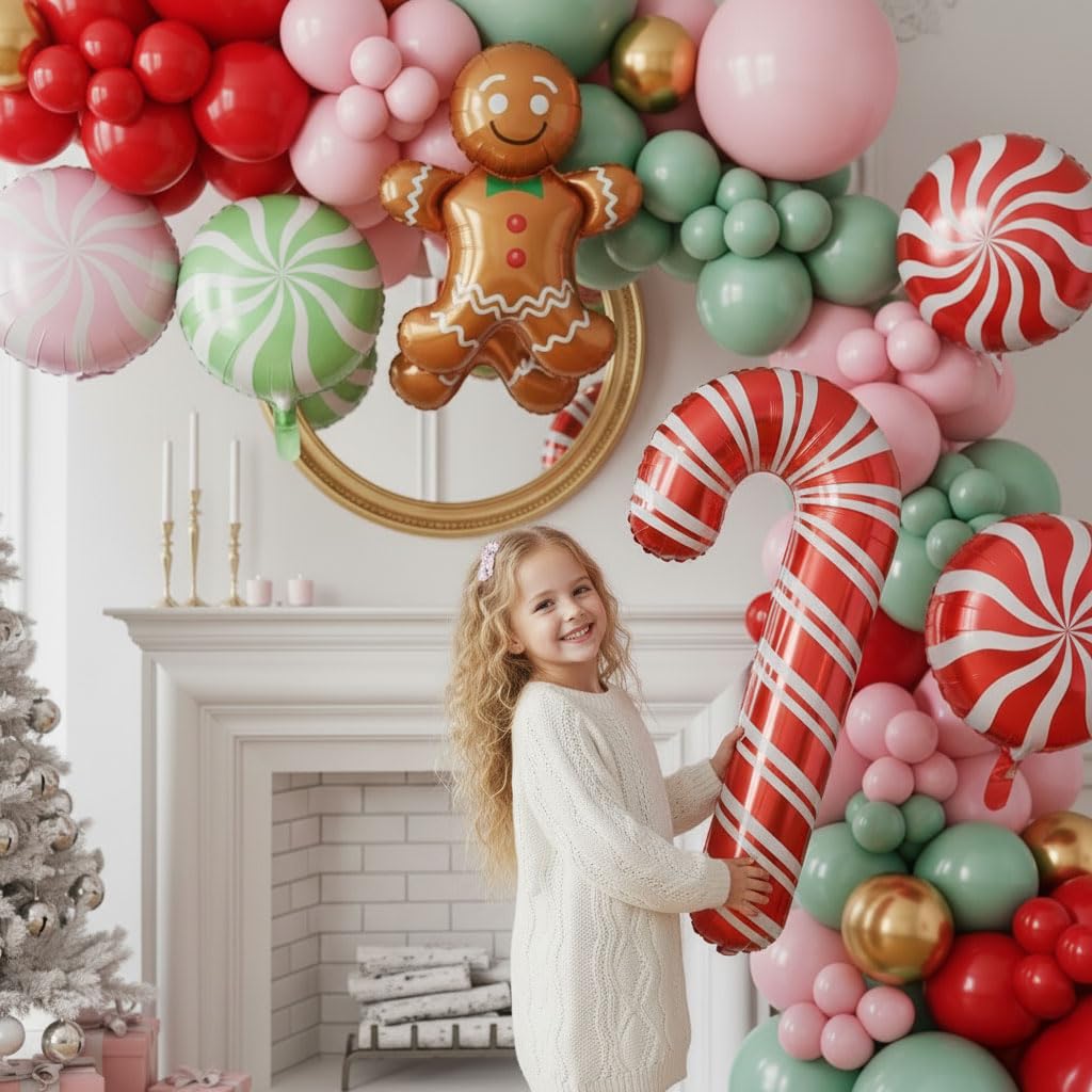 Christmas Balloon Garland Arch kit green pink red balloon with cookie Gingerbread Cane Candy Foil Balloons for friendsmas Xmas New Year Birthday Party Supplies Party Decorations globos de navidad