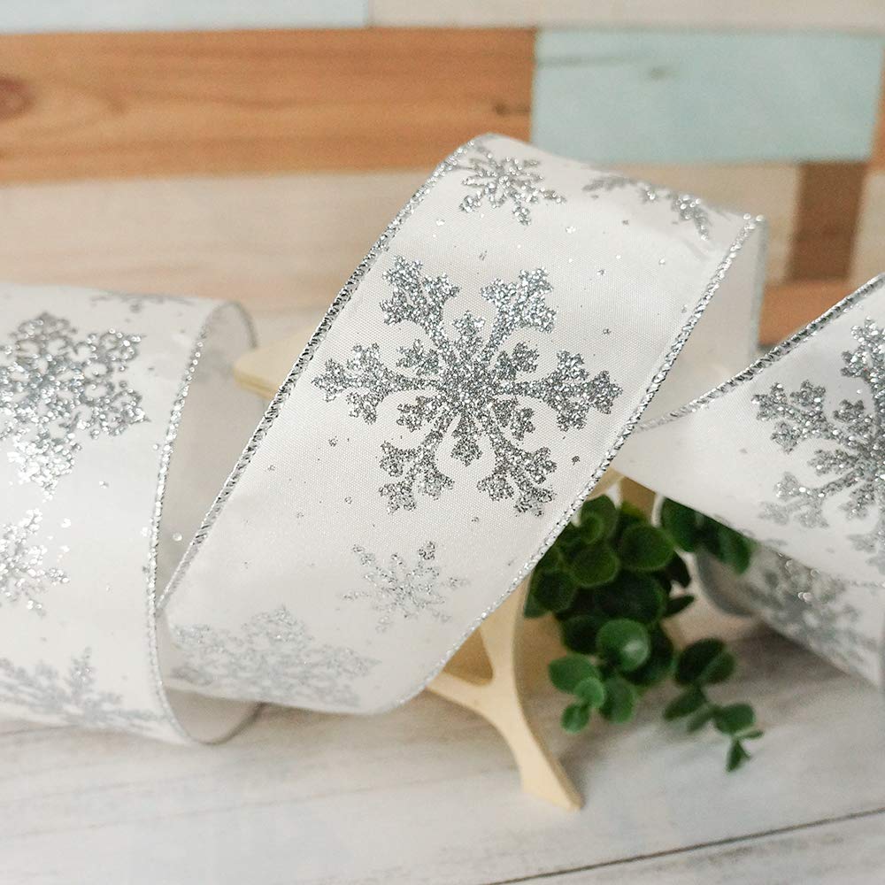 CT CRAFT LLC White Satin with Silver Snowflake Wired Ribbon 2.5 Inch x 10 Yards for Christmas Home Decor Tree Topper Bow Gift Wrapping DIY Crafts Wreath Garland